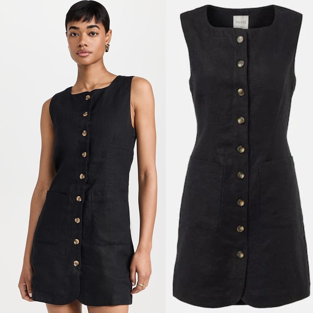NWT POSSE Emma Button Down Mini Dress Black Linen XXS